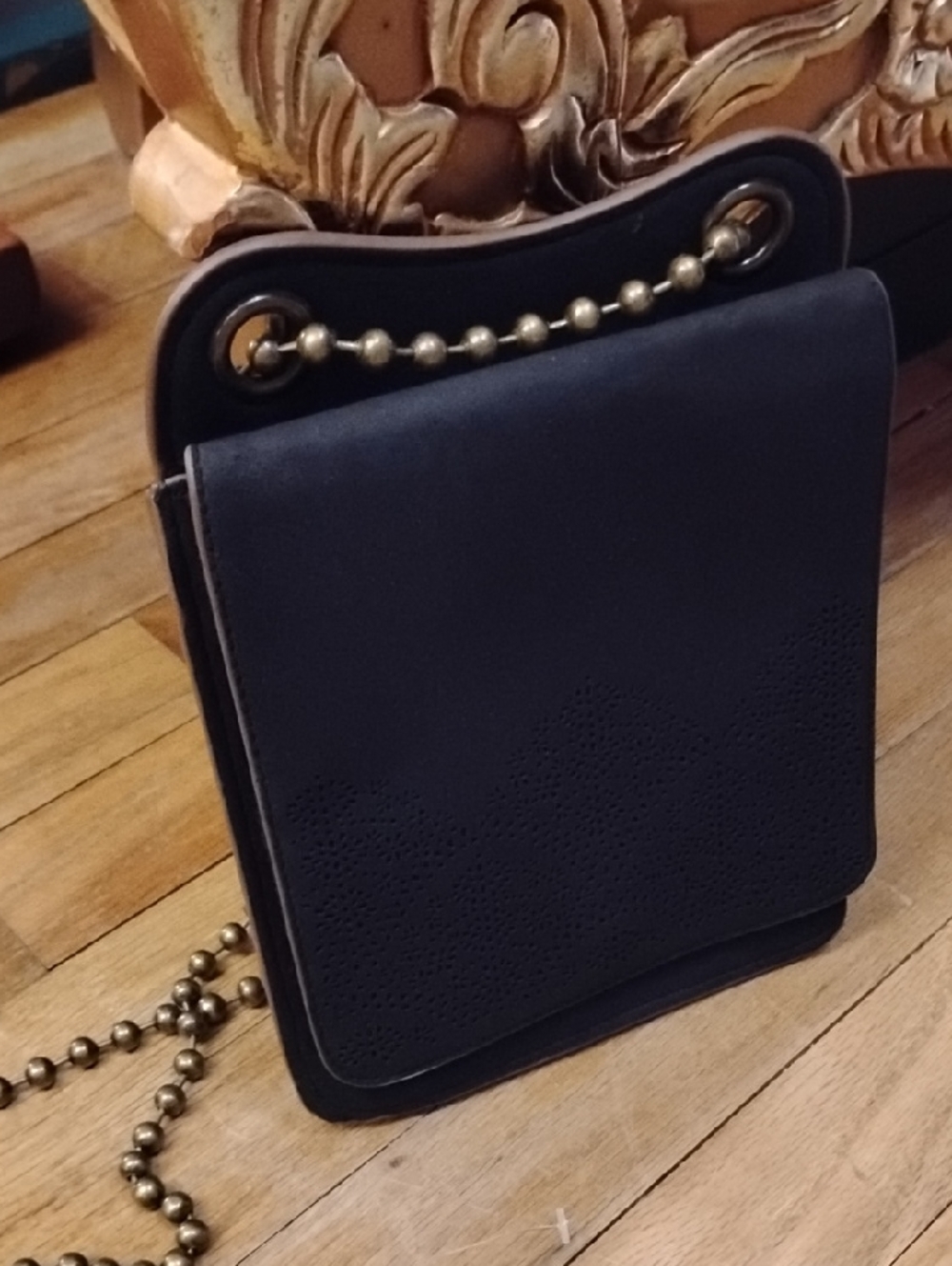 T-shirt & Jeans Black Laser cut Thin Crossbody Bag. Chain Strap.